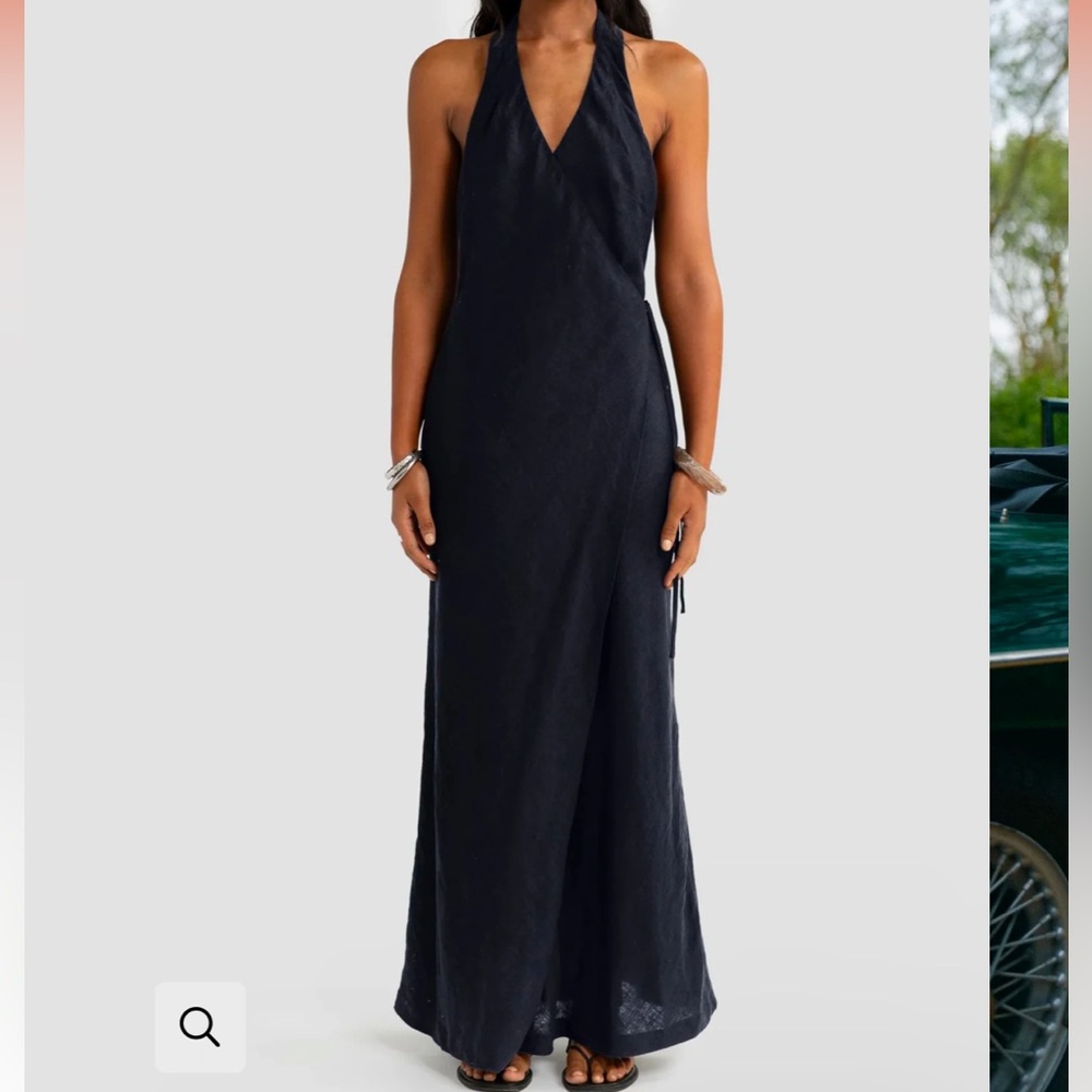 ORTC 6 NEW Elise Wrap Linen Dress Halter Navy Full Length Nautical Minimal